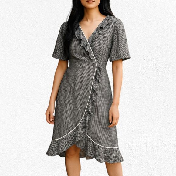 Who What Wear Black White Polka Dot Ruffle Wrap Midi Dress Size Large Officecore - Picture 2 of 10